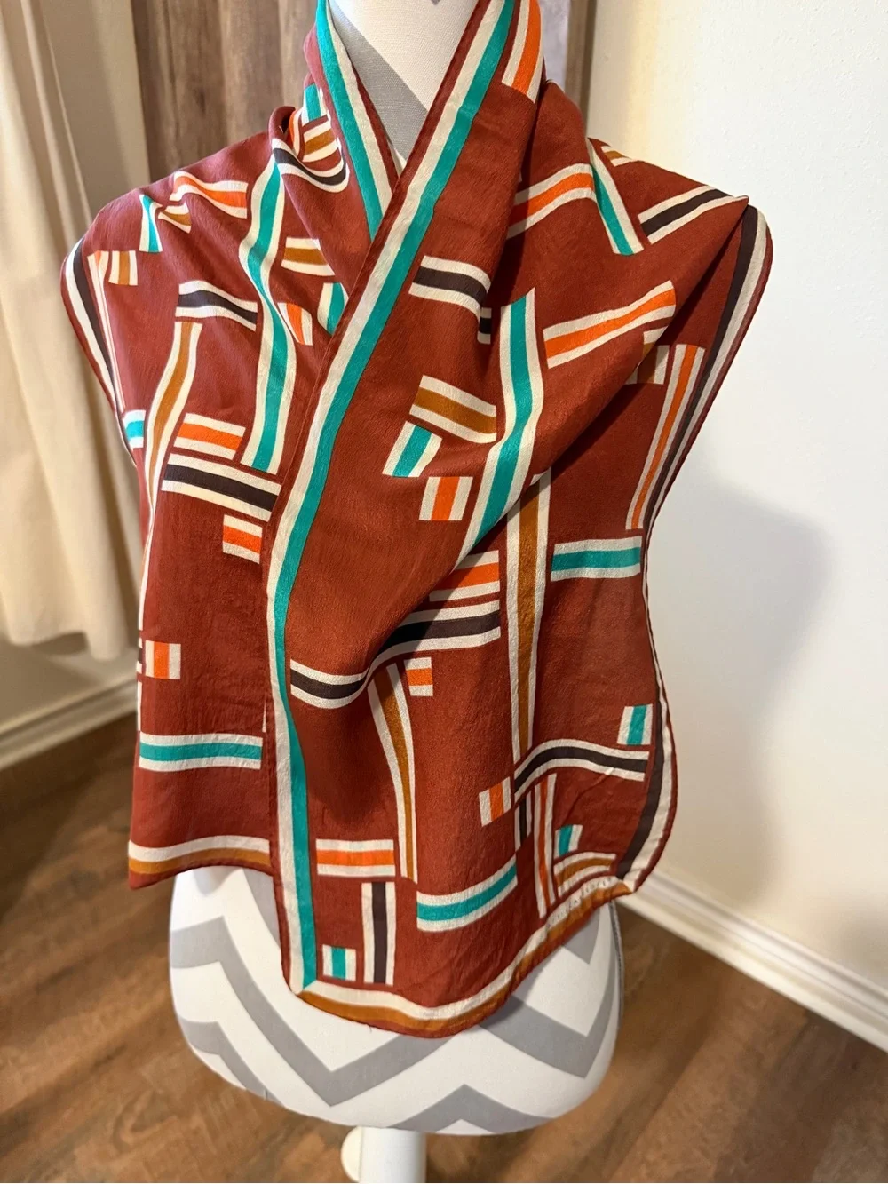 Vintage Hattie Carnegie Silk Scarf Mod Geometric Rust Orange MCM Fall color